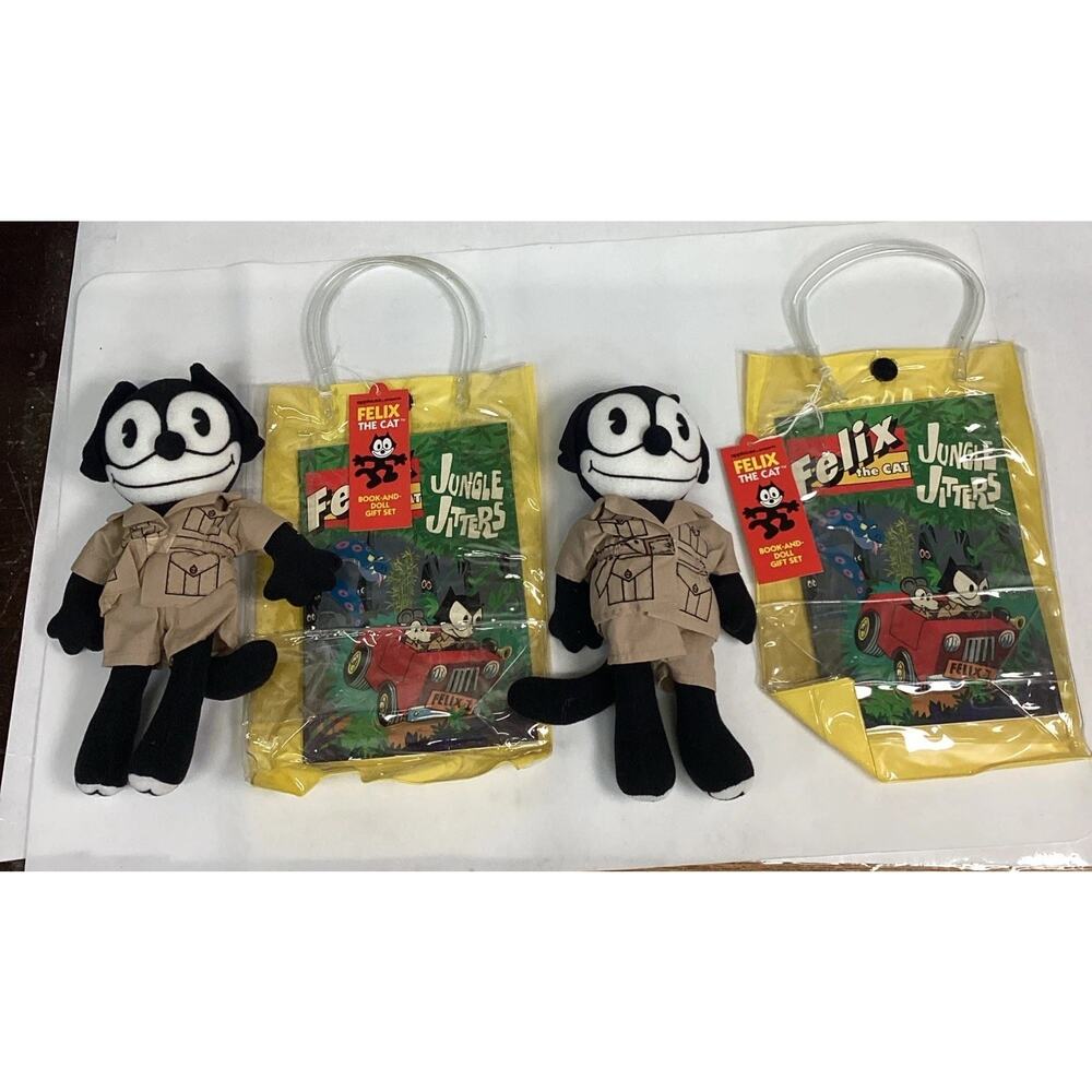 Set Of 2 Felix The Cat Plush Doll & Jungle Jitters Books W/ Carry Bags - New!